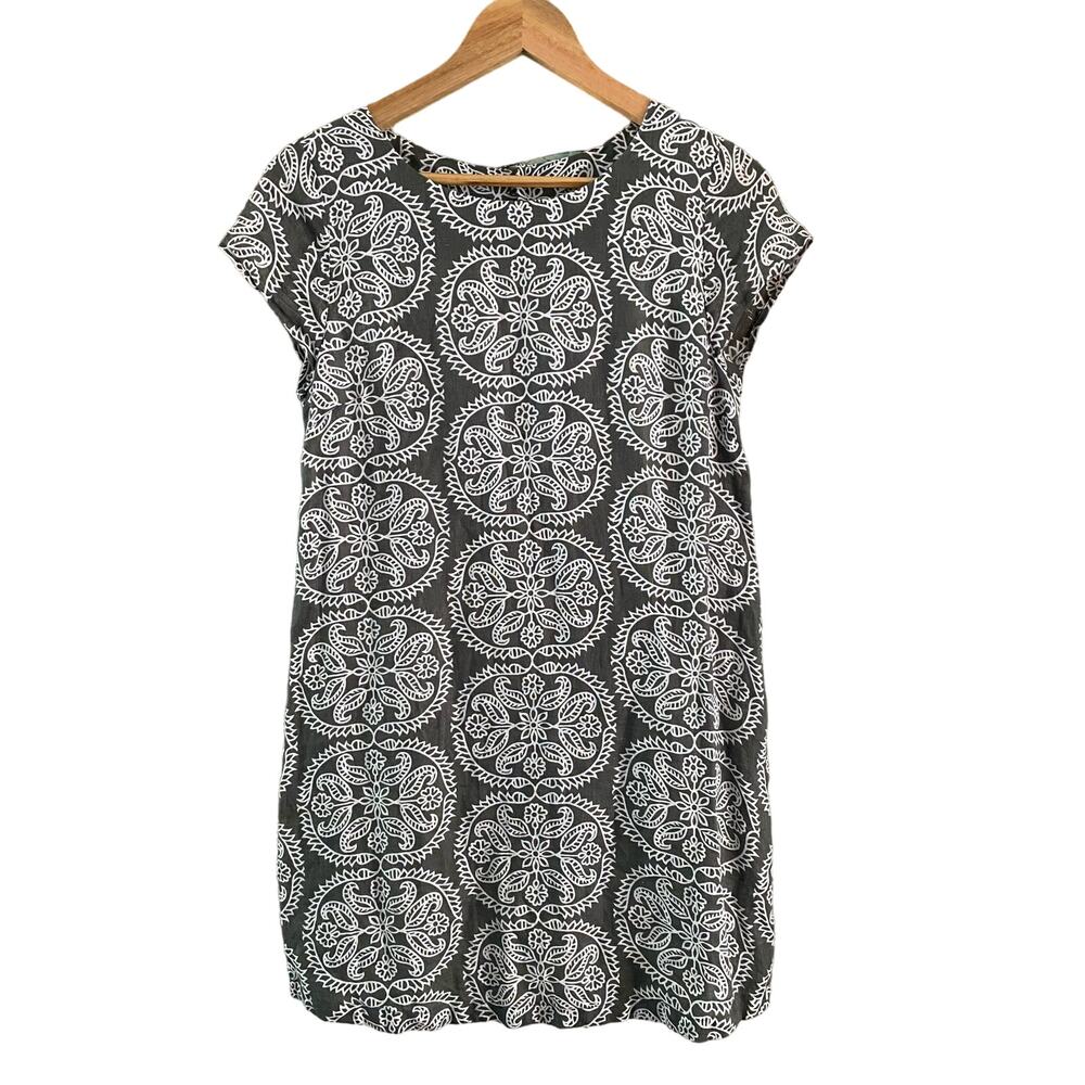 Island Company Capricorn Dress Womens Small Charcoal Grey White Linen Mini Shift